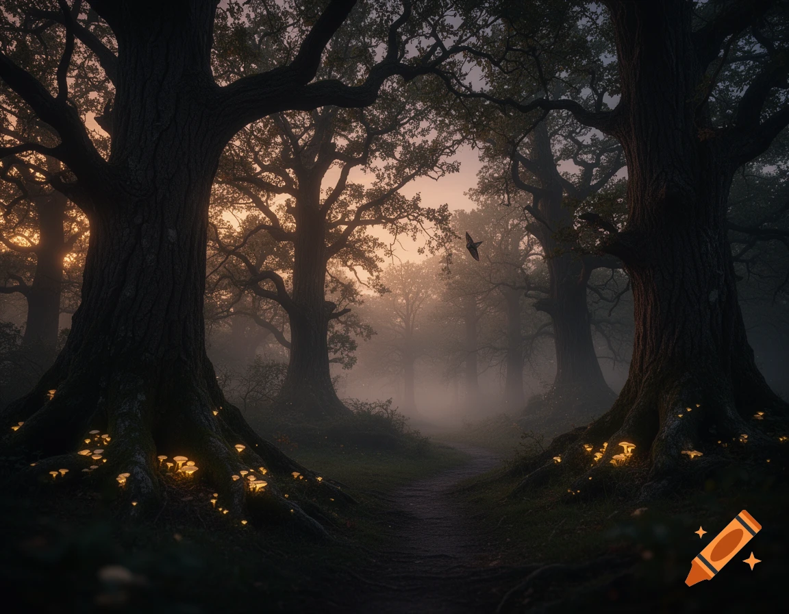 A mystical, misty enchanted forest at dusk with ancient trees, a ...