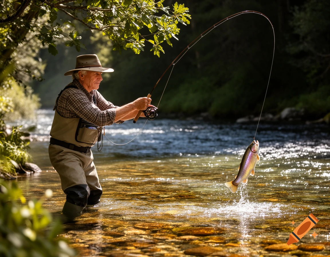 An old man in a hat and waders fly-fishing in a sunlit river, reeling in a large trout that splashes out of the water.