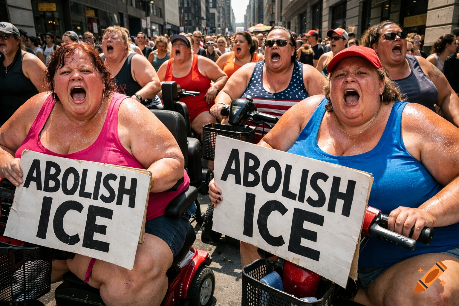 Crowd of women on mobility scooters at a protest, screaming and holding 'ABOLISH ICE' signs on a sunny urban street.
