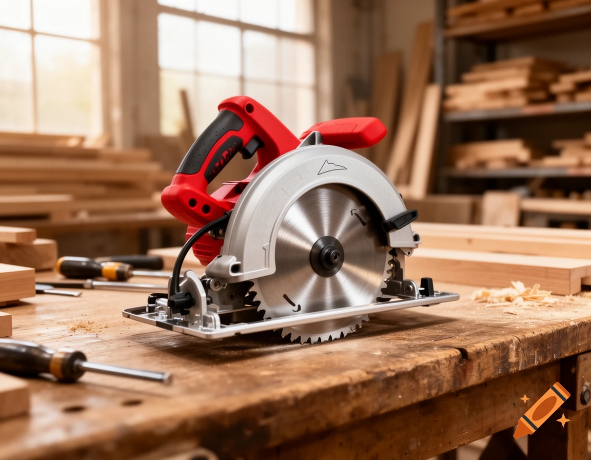 Red and silver circular saw resting on a rustic wooden workbench in a sunlit workshop, surrounded by wood scraps and tools.
