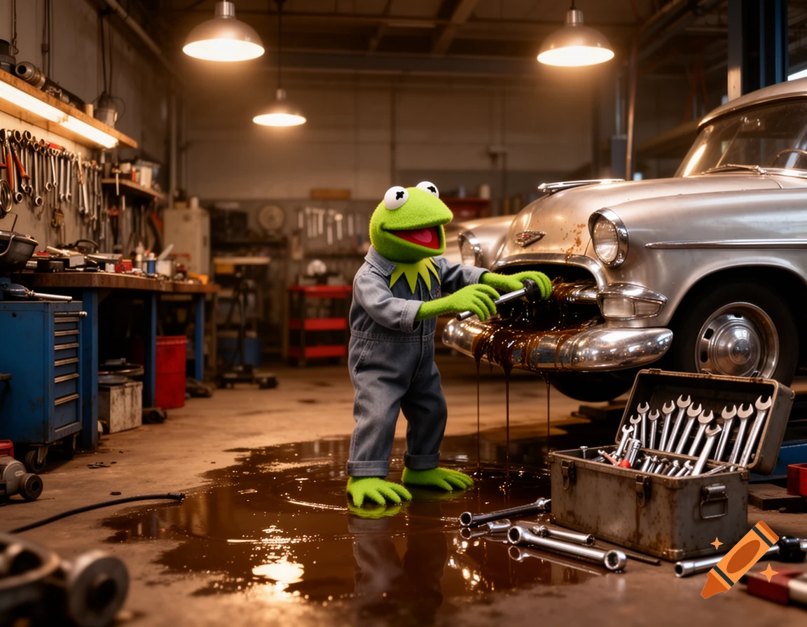 Kermit the Frog in blue overalls fixes a classic silver car with an oil leak in a cluttered mechanic shop, photorealistic.