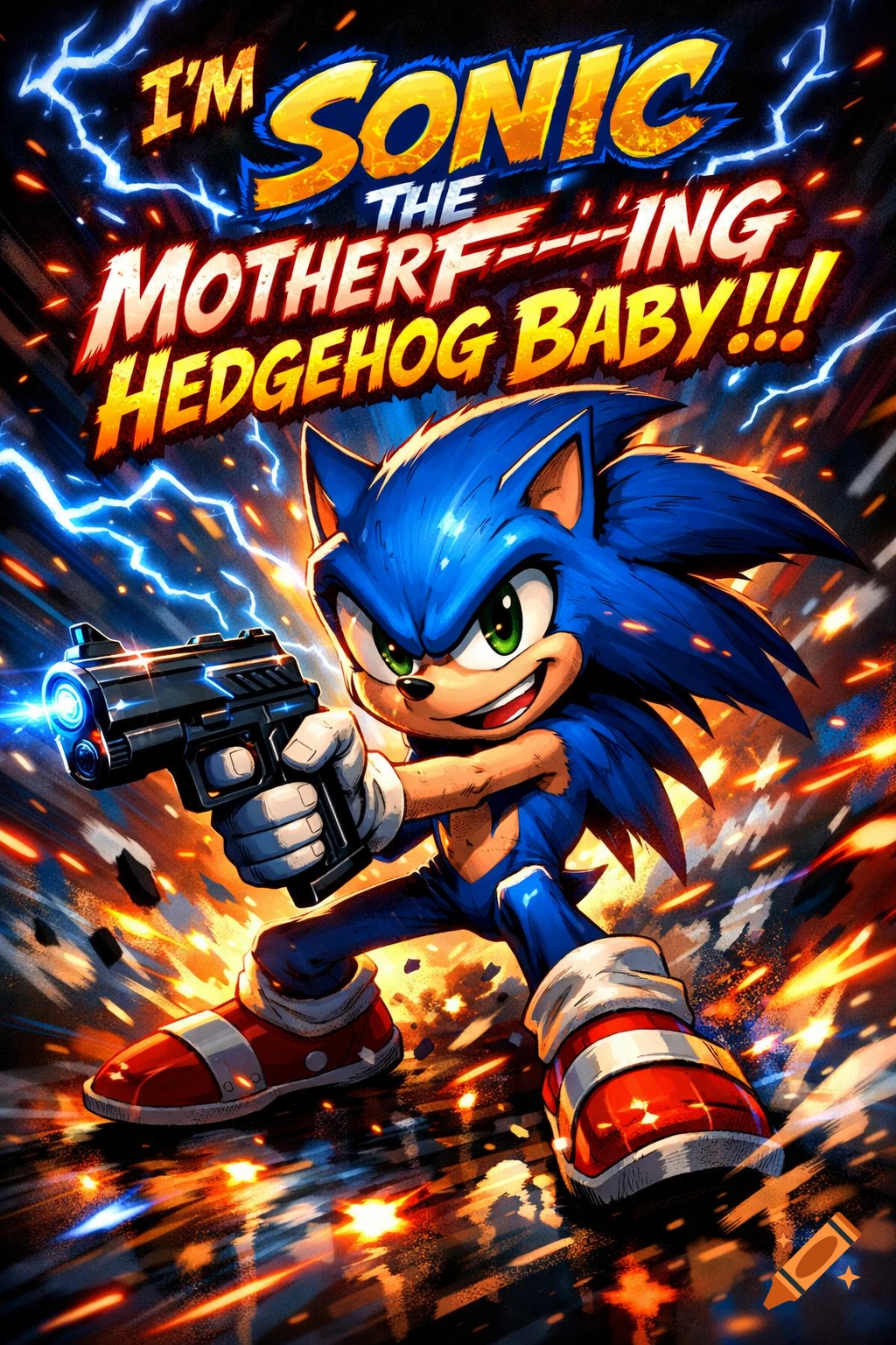 A dynamic, comic book-style image of Sonic the Hedgehog, in an athletic stance, holding a pistol that emits a blue glow, surrounded by lightning and fiery explosions. Bold text above reads "I'M SONIC THE MOTHERF---ING HEDGEHOG BABY!!!"