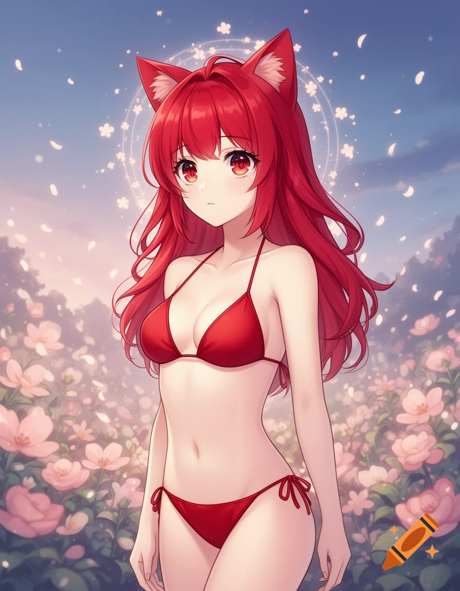 An anime girl with long red hair and cat ears wears a red bikini while standing in a field of pink flowers under a blue sky.
