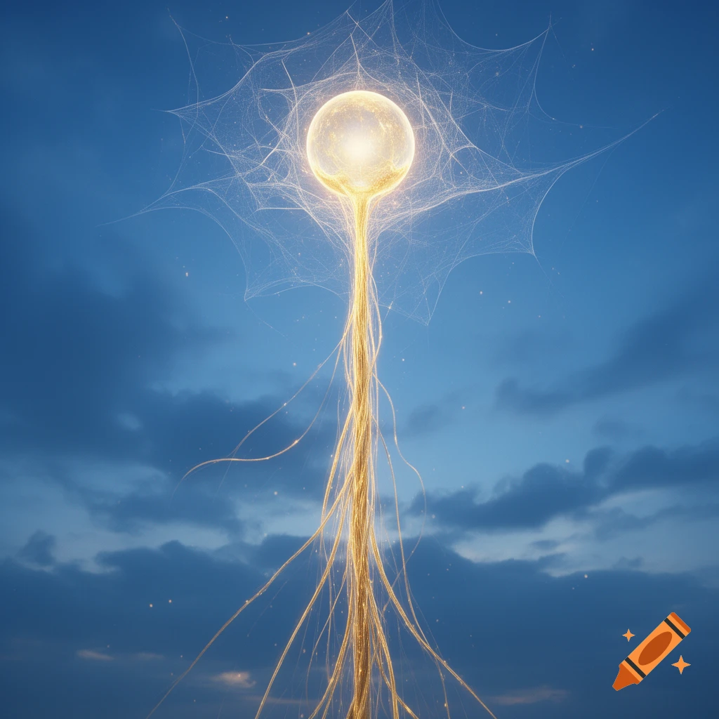 A luminous golden orb with thin, glowing tendrils extending downwards, encased in a delicate web-like structure, against a cloudy blue sky.
