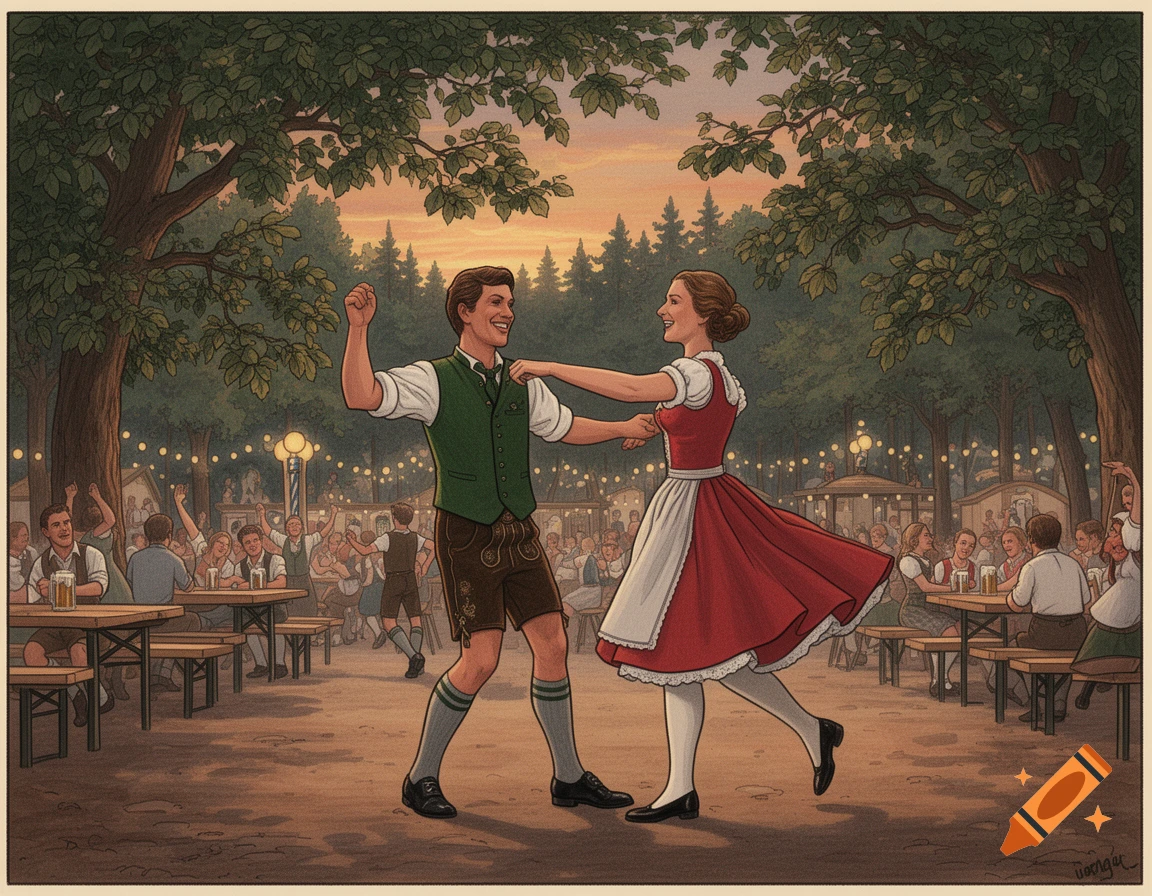 Analog illustration of a man and woman in traditional Bavarian attire dancing at a lively folk festival with a beer garden and trees.