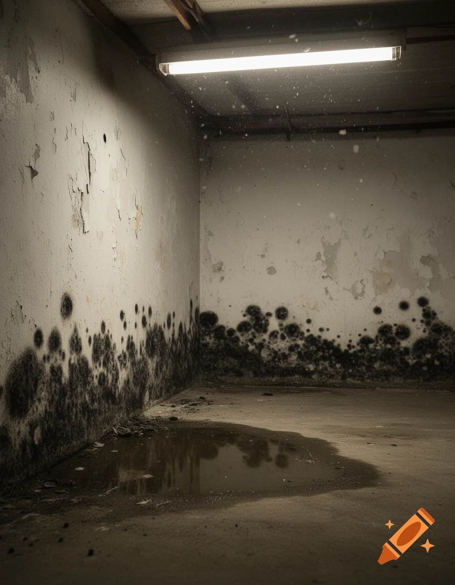 A dark, mold-infested room with peeling walls, a dirty water puddle, and a fluorescent light.