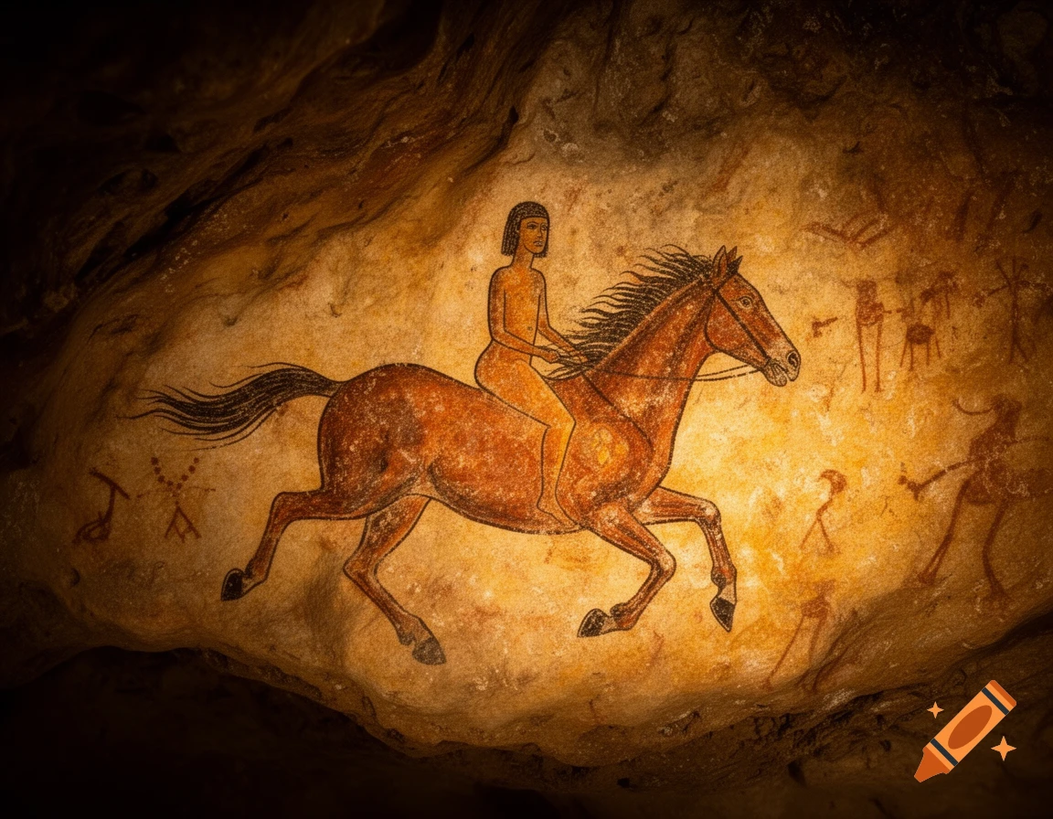 Stylized cave painting on a rock wall depicts a nude human riding a brown horse with other stick figures in the background.