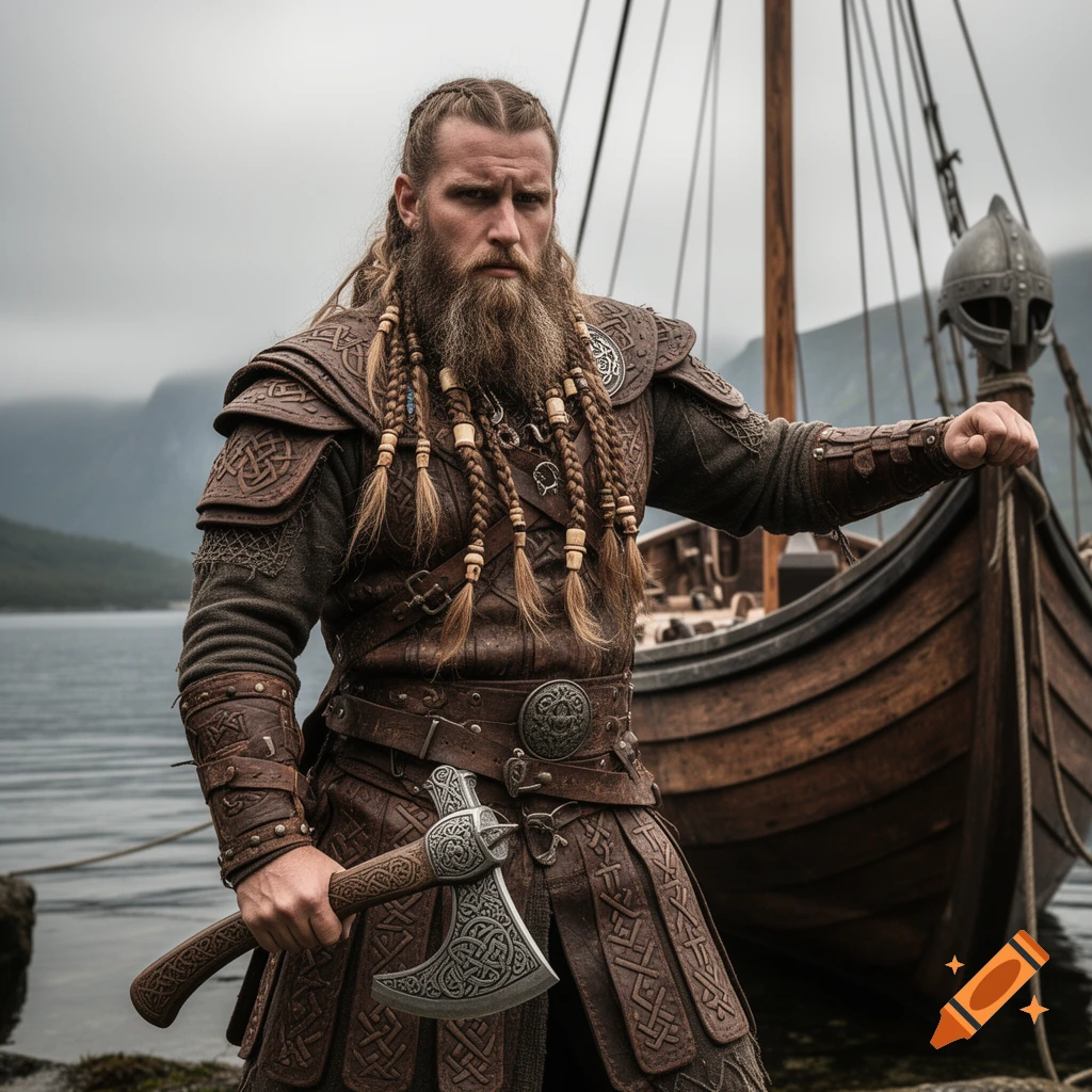 A photorealistic Viking man with a braided beard and leather armor holds an axe, standing by a longship on a lake.