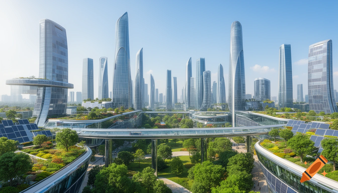 Photorealistic image of a futuristic city with sleek skyscrapers ...