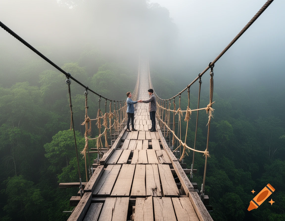Two people meet on a wooden suspension bridge shrouded in mist above a lush green forest.