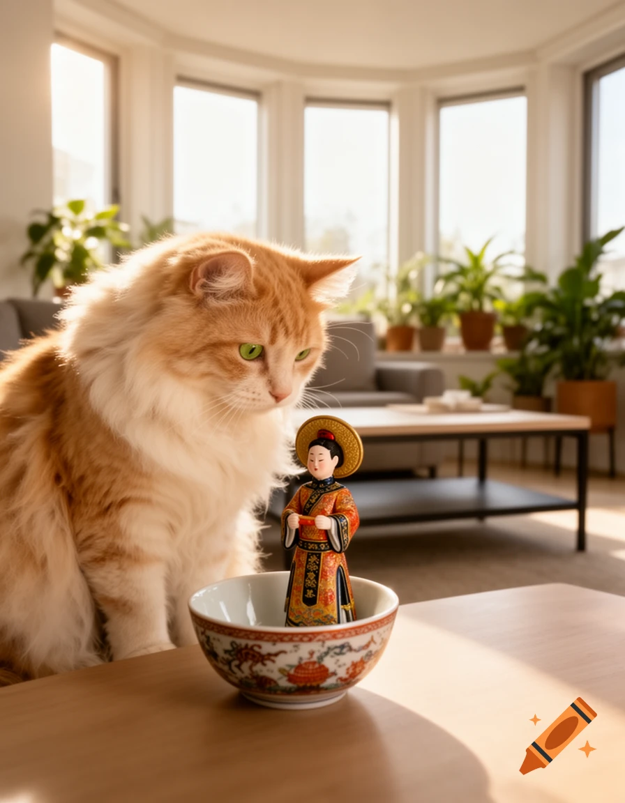 A fluffy ginger cat with green eyes looks at a small figurine in a patterned bowl on a table in a sunlit room.