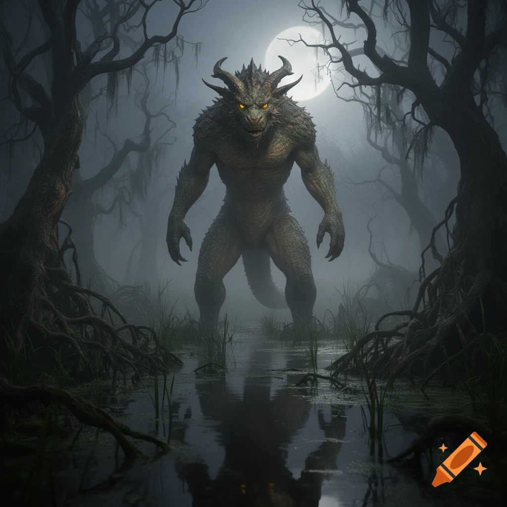 A fearsome green monster with glowing yellow eyes stands in a misty swamp under a full moon, surrounded by twisted trees.