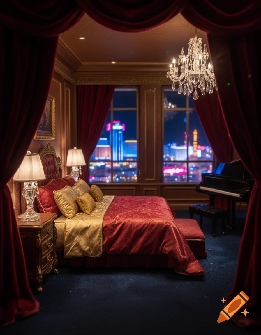 Luxurious red and gold hotel suite interior with a bed, chandelier, and grand piano, overlooking a vibrant city skyline at night, resembling a miniature stage set.