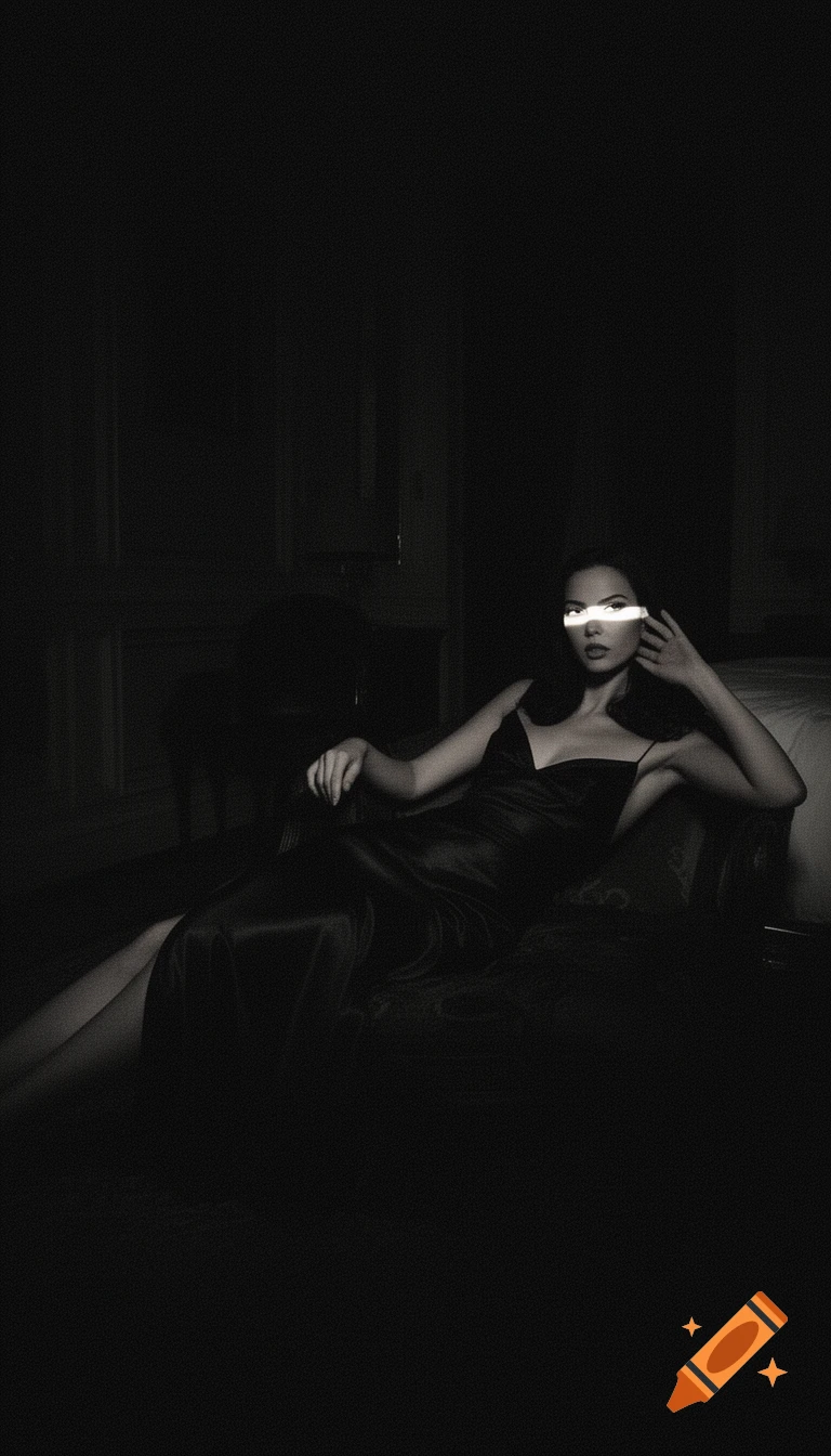 A woman in a black slip dress reclines in deep shadows, with a bright light strip across her eyes, in a grainy noir fashion photo.