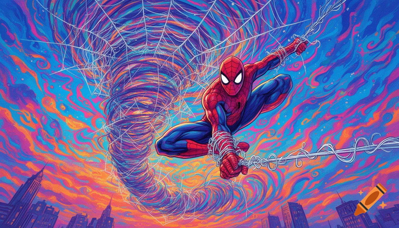 Spider-Man swings through a psychedelic sky with a web tornado behind him, above a cityscape, in a comic art style.