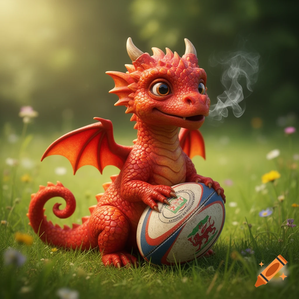 A cute red baby dragon with small horns and a curly tail sits in green grass, holding a rugby ball and exhaling smoke.
