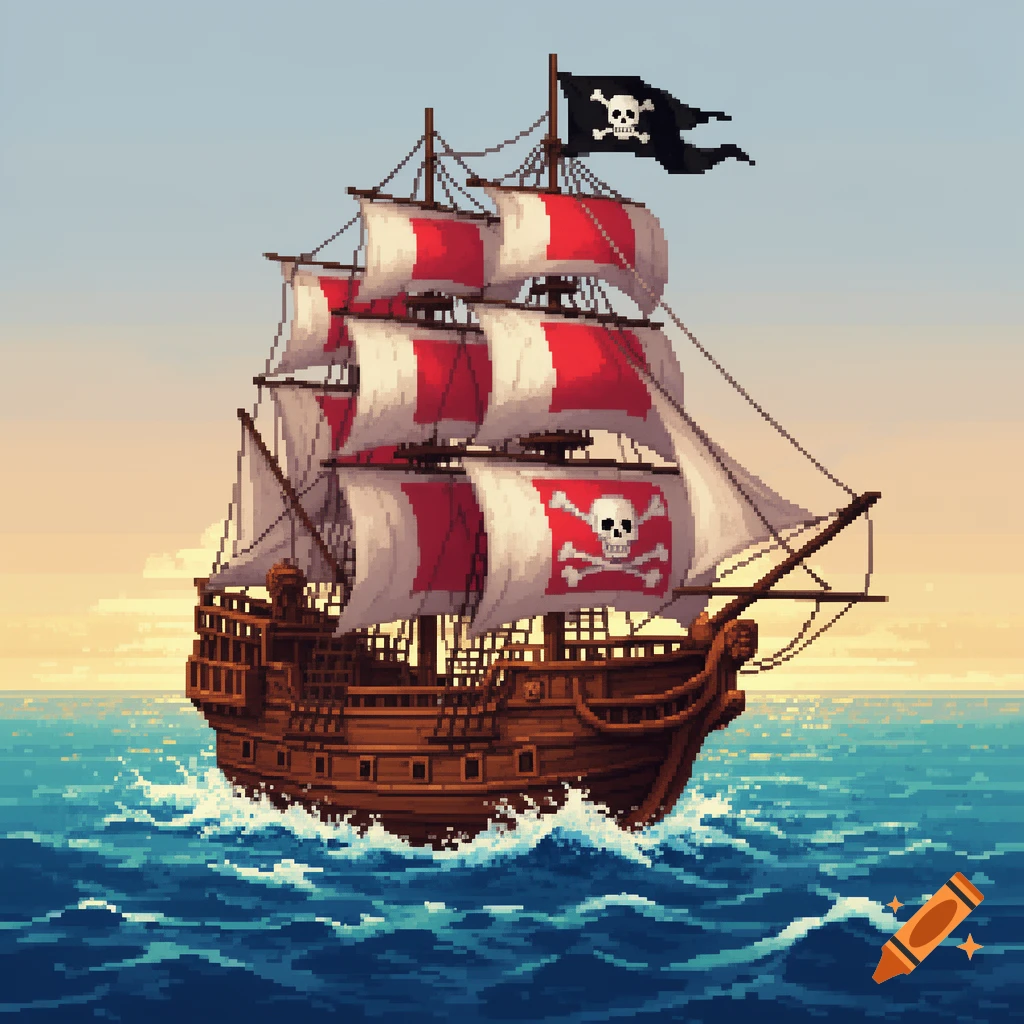 A pixel art pirate ship with red and white striped sails and skull and crossbones flags sails on a choppy blue ocean.