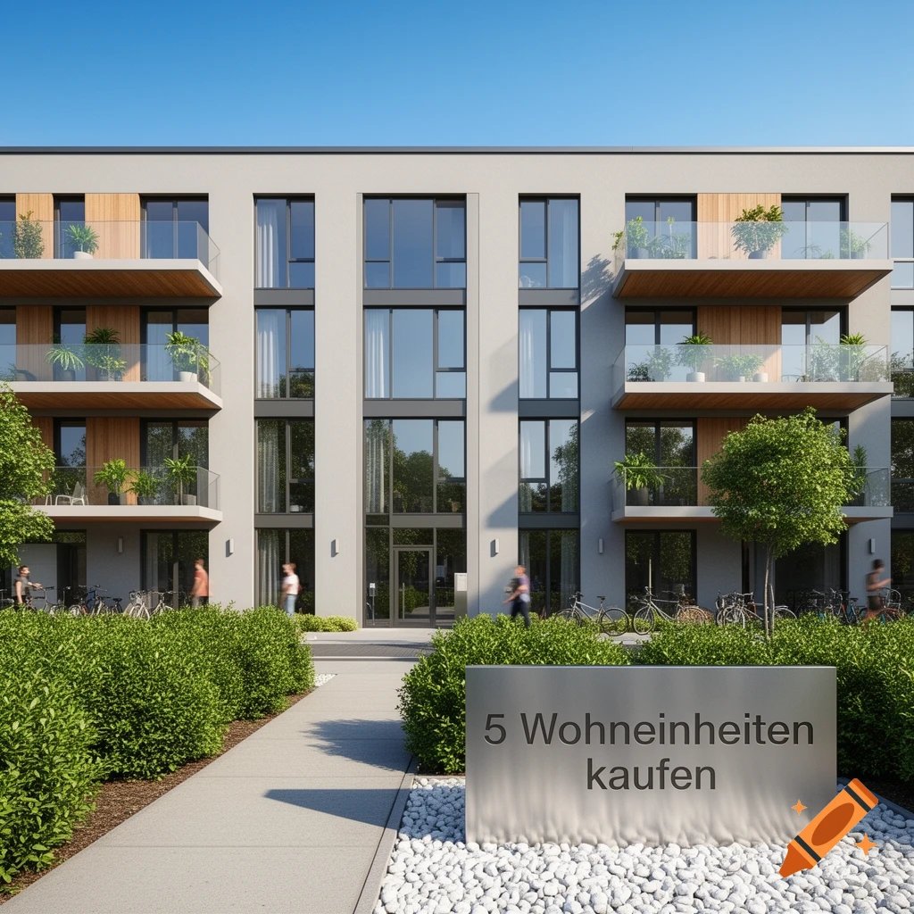 A photorealistic rendering of a modern apartment building with balconies and a sign reading '5 Wohneinheiten kaufen' amidst green landscaping.