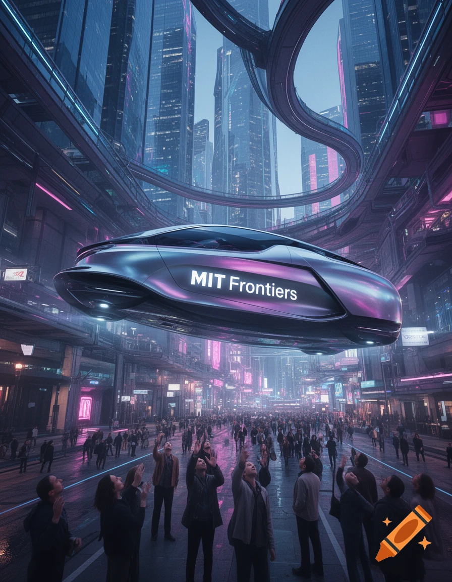 Crowds look up at a hovering vehicle with 'MIT Frontiers' in a vibrant, neon-lit futuristic cityscape with tall skyscrapers and elevated highways.