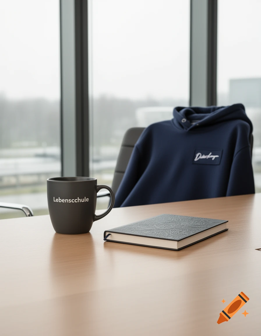 A black coffee mug with "Lebensschule" text, a patterned notebook, and a dark blue hoodie on a wooden office table by a window.
