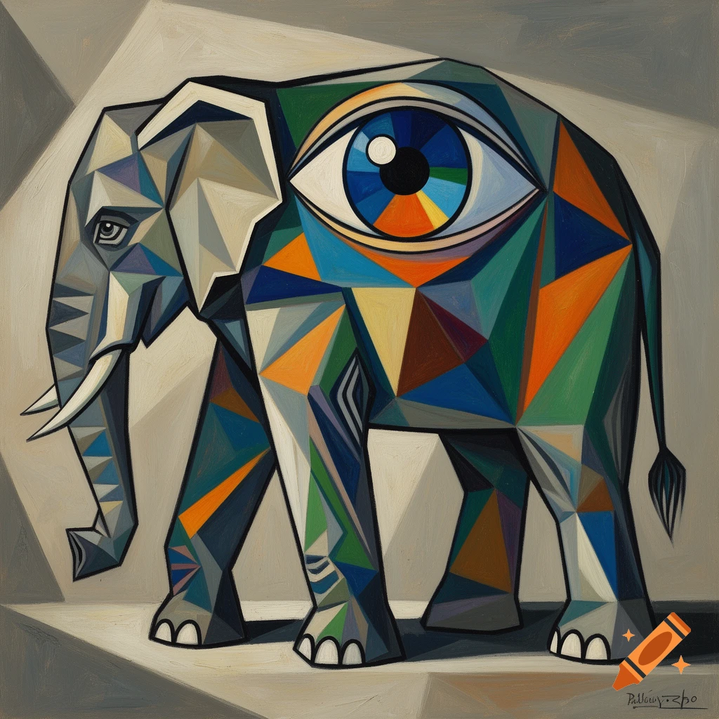 A geometric elephant in a Picasso-style art piece, with a large, colorful eye on its side, against a neutral background.