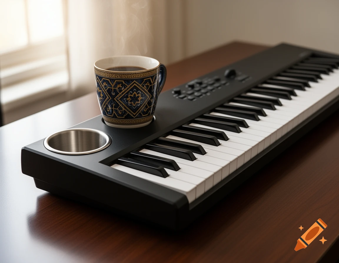 A black MIDI keyboard with a built-in cup holder, holding a steaming coffee cup, on a polished wooden table.