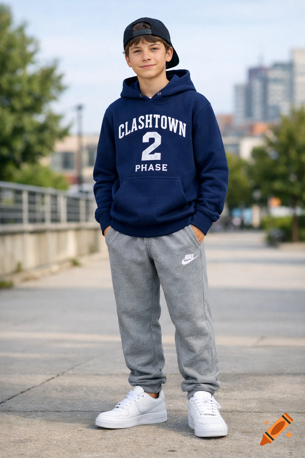 A teenage boy in a navy Clashtown hoodie, grey Nike sweatpants, and white Nike Air Force 1 sneakers poses outdoors.
