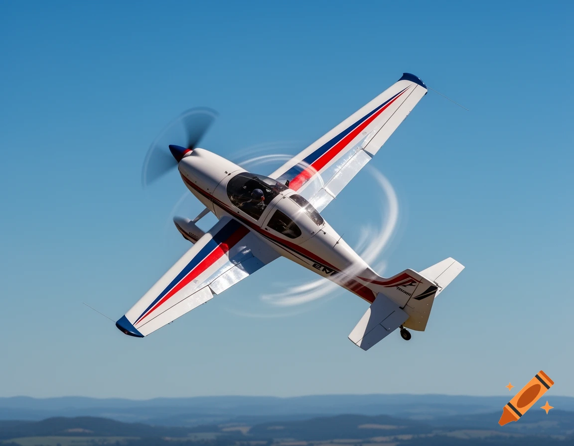 A white Tecnam P-Mentor airplane with red and blue stripes is performing a spin against a clear blue sky over distant hills.