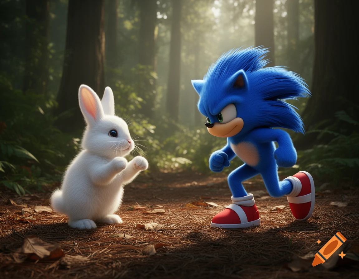 A photorealistic image of a white bunny facing Sonic the Hedgehog in a sun-dappled forest.