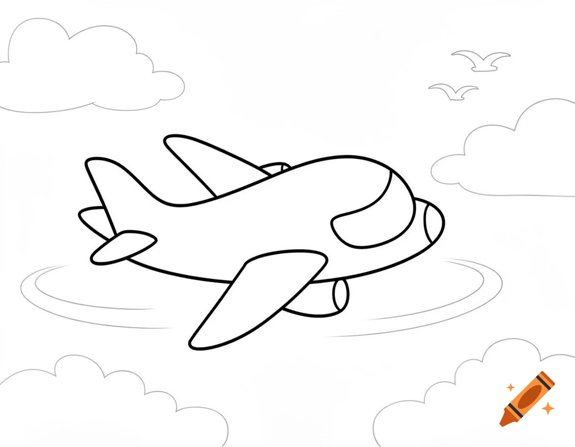 Simple line art cartoon airplane coloring page flying amidst clouds with two birds in the sky on a white background.