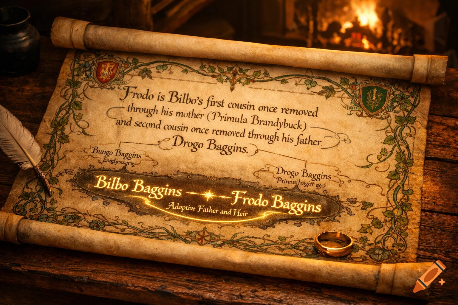 A detailed medieval-style scroll on a wooden table, illustrating the Baggins family tree with glowing text and a quill, against a warm fireplace background. The One Ring rests on the table.