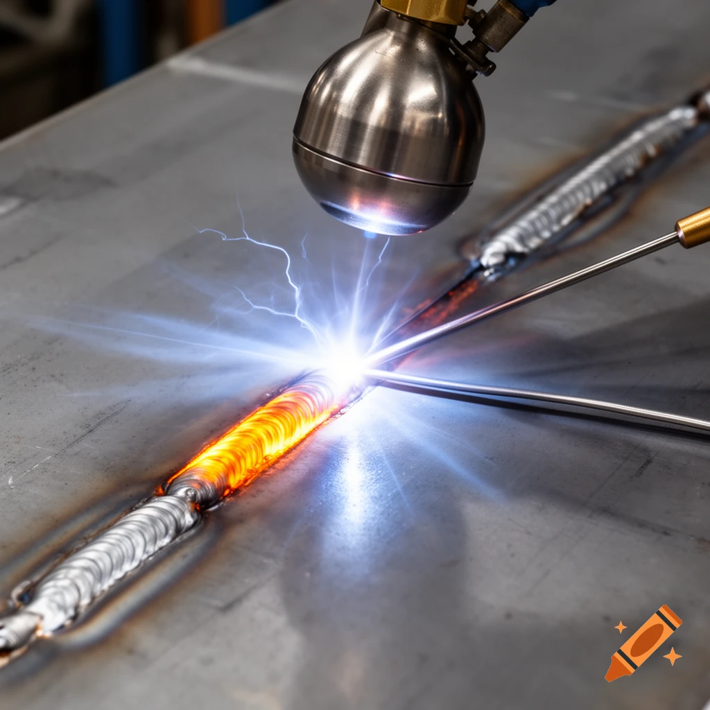 Close-up of MAG welding on steel, showing a bright arc, glowing weld seam, wire feed, and shielding gas nozzle.