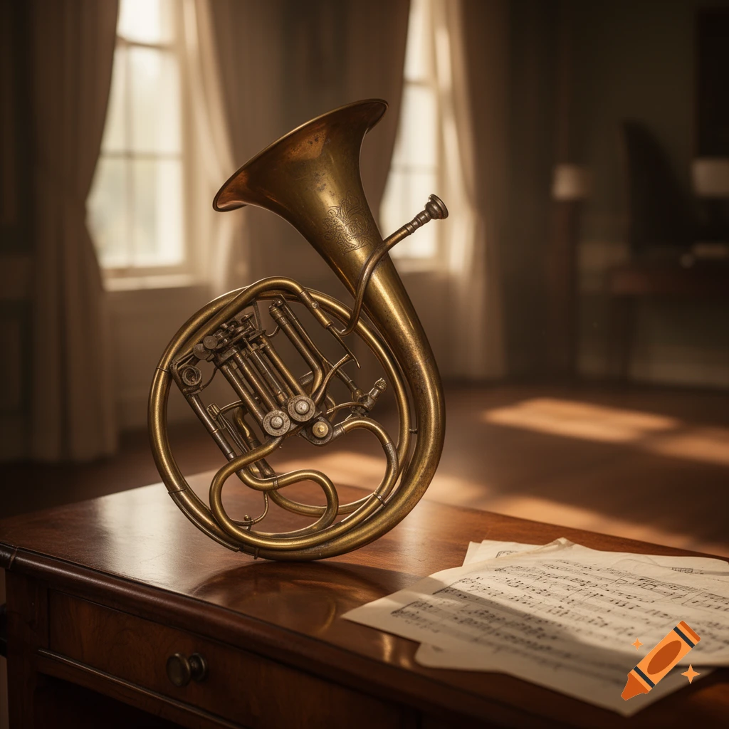 A detailed brass French horn sits on a polished wooden table next to sheet music in a sunlit room.