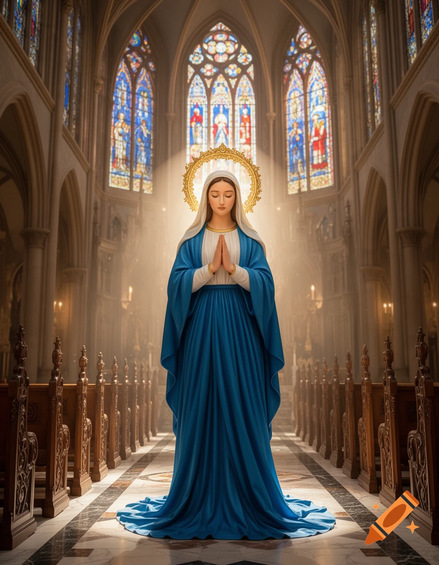 A depiction of Mother Mary with a golden halo, hands clasped in prayer, standing in a grand cathedral with stained glass windows.