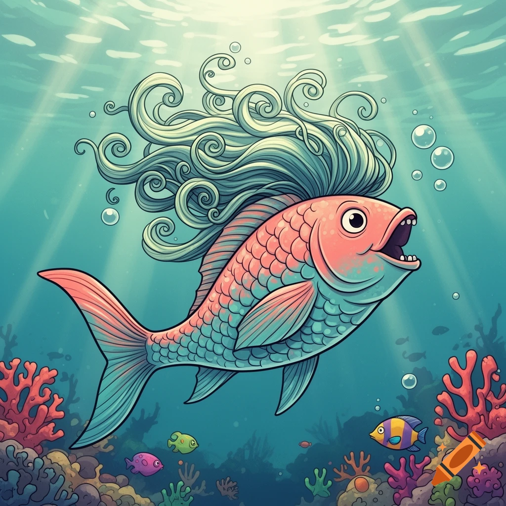 Cartoon fish with curly hair and open mouth swims in a vibrant coral reef with sunlight filtering through water.