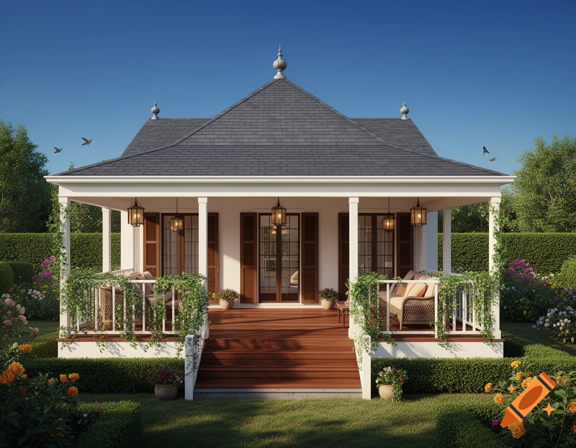 A photorealistic colonial-style garden house with a wraparound covered porch, lush green lawn, and blooming flower beds under a clear blue sky.