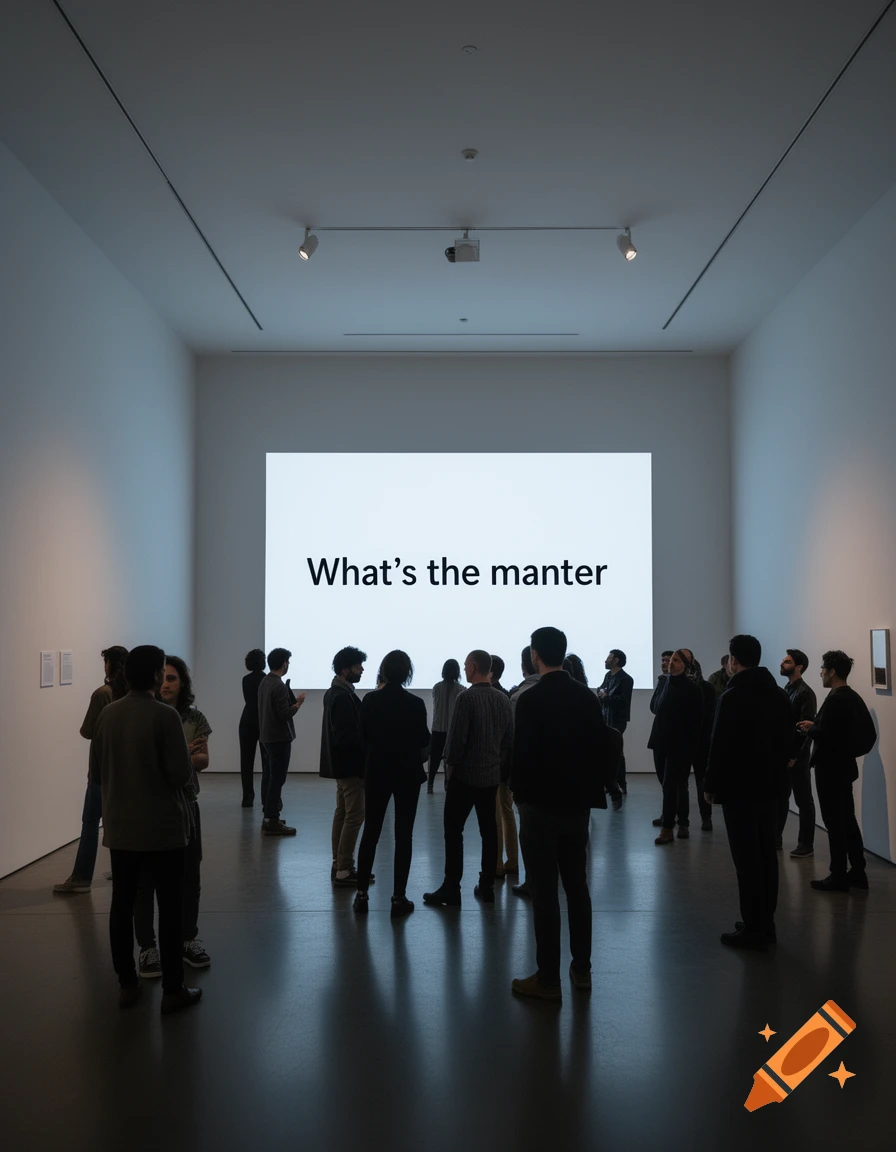 People in an art gallery look at a projected screen displaying 'What's the manter' in a dimly lit room.