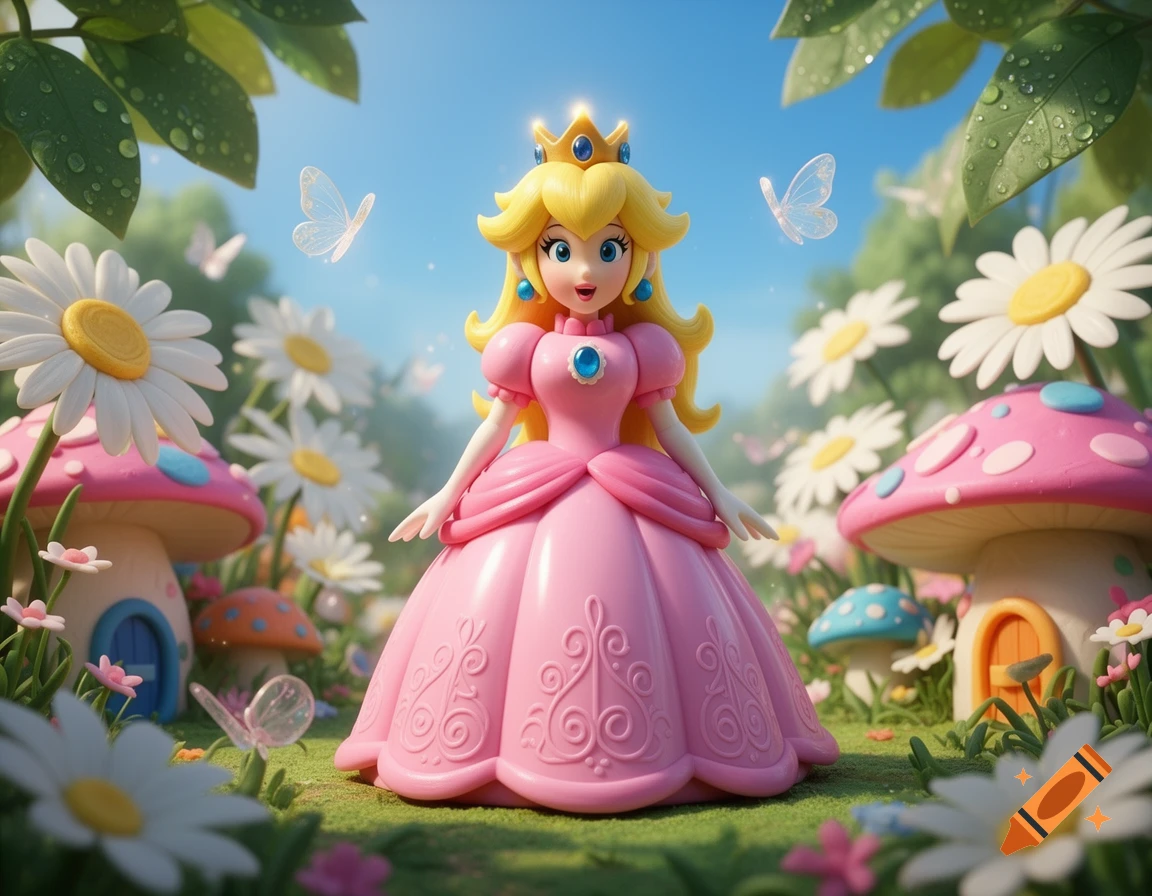 A plastic Princess Peach figurine stands in a whimsical garden with giant daisies, pink mushroom houses, and butterflies under a blue sky.