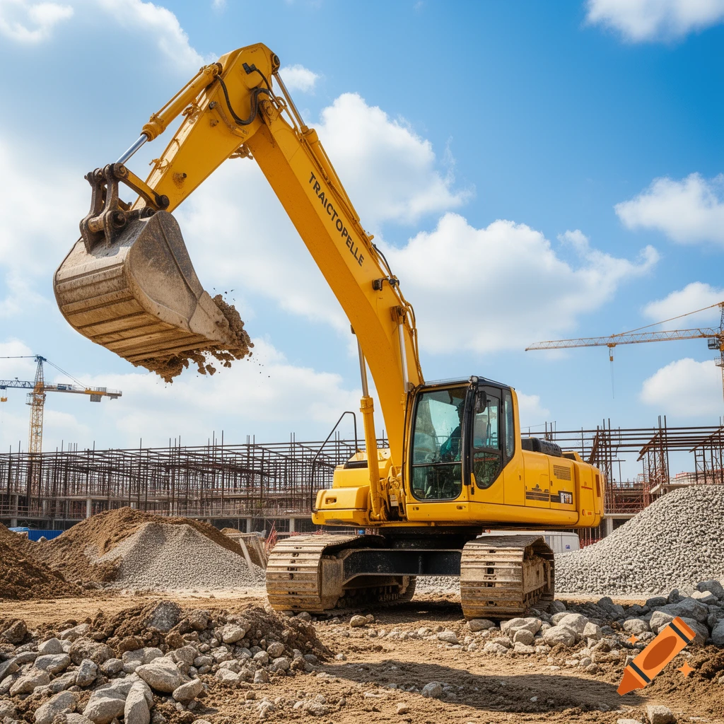 A bright yellow excavator with a bucket full of dirt at a construction site under a blue sky with clouds.