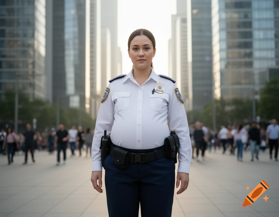 A pregnant woman in a white security uniform and blue pants stands confidently in a city plaza with blurred skyscrapers and pedestrians in the background.