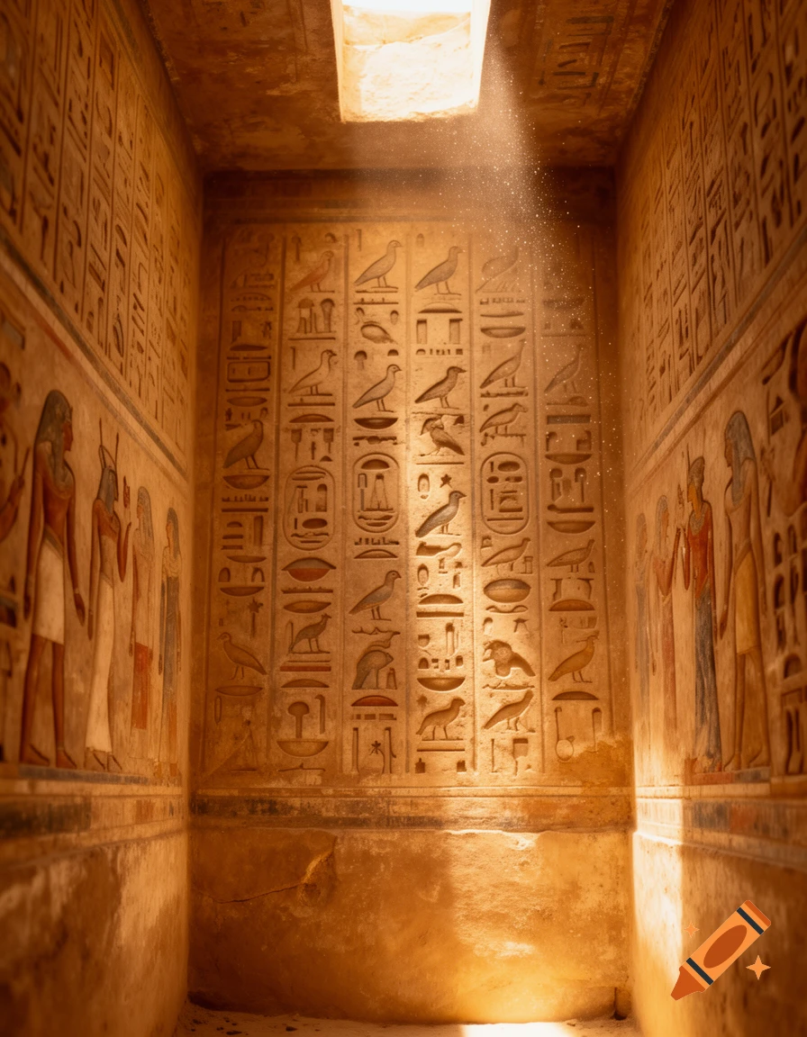 Sunbeam illuminates hieroglyphs and ancient paintings on the golden walls of an Egyptian tomb or temple.