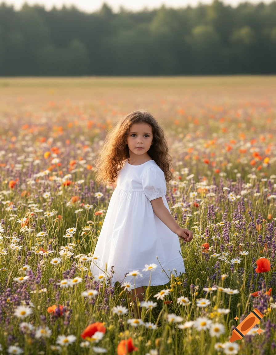 A young girl with long curly hair wears a white dress, standing in a ...