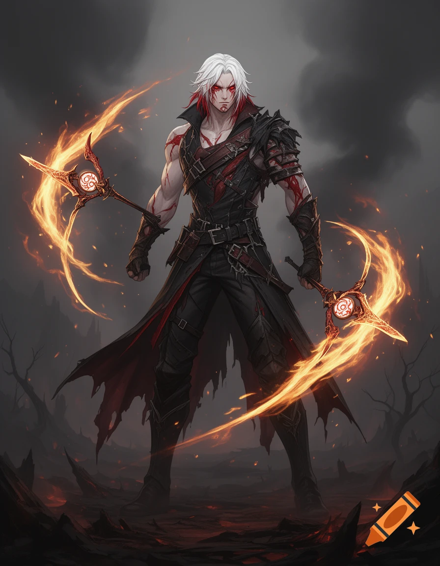 A muscular male warrior with white hair, red eyes, and blood-like ...