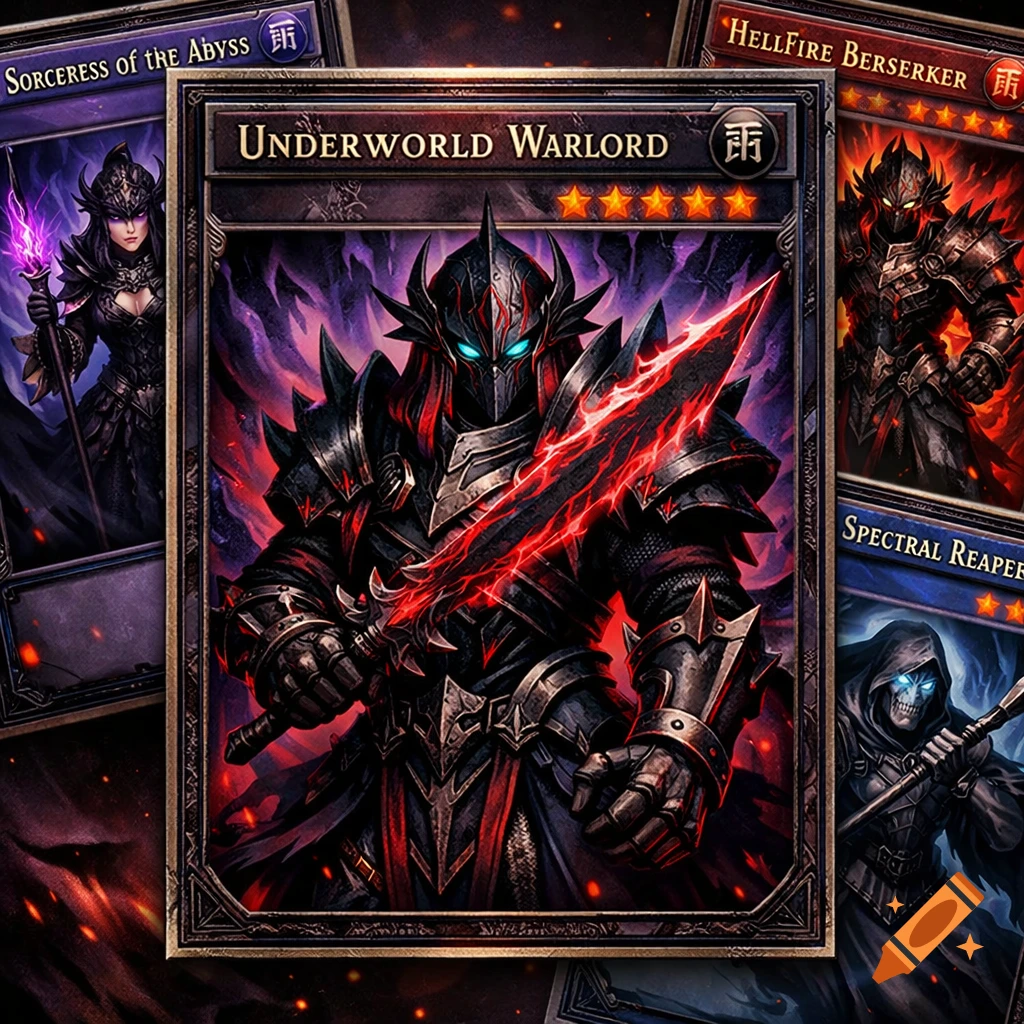 Multiple dark fantasy trading cards, featuring an armored Underworld Warlord with a glowing red sword.