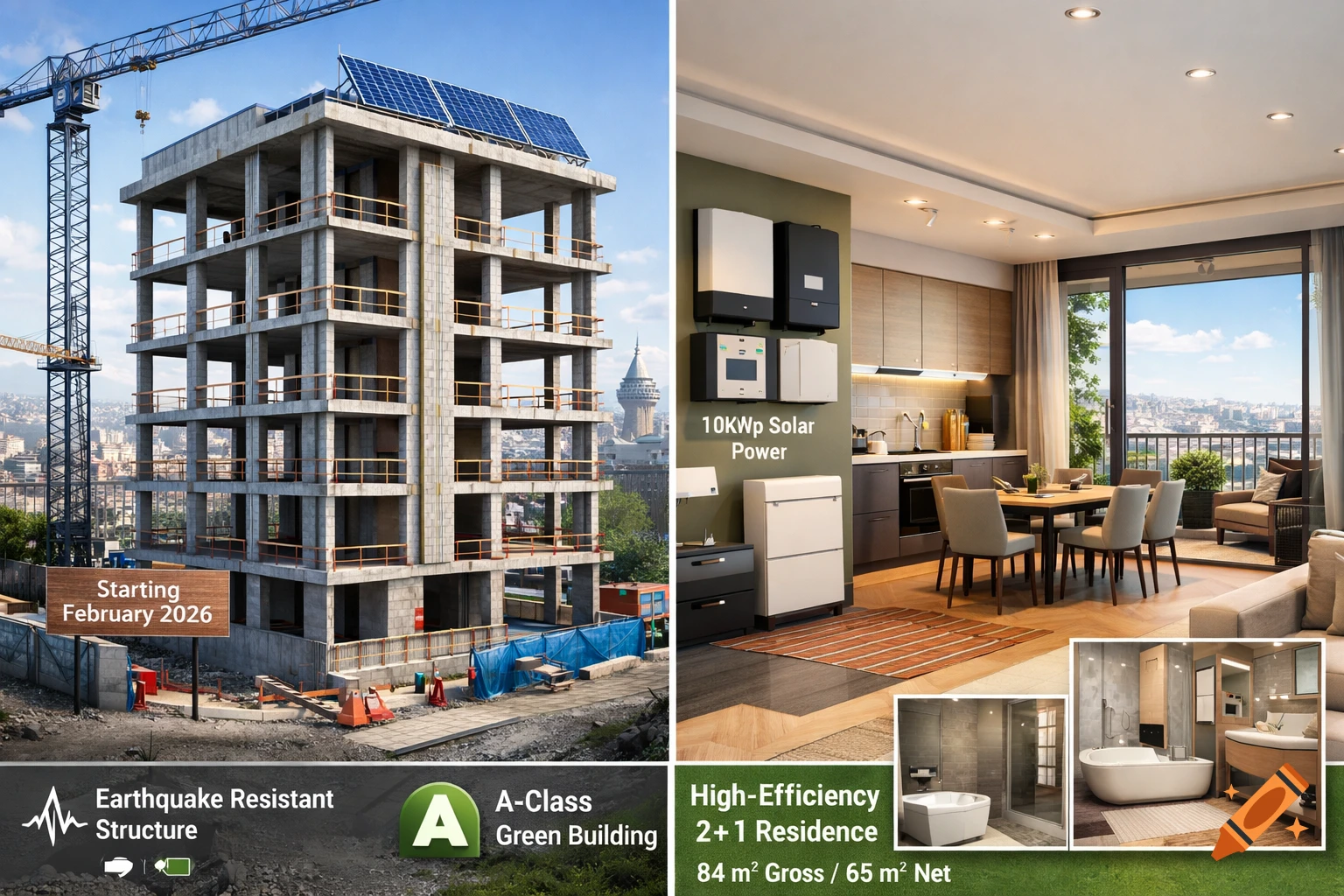 A split image showing a building under construction with solar panels and a modern apartment interior with solar power equipment and city views.