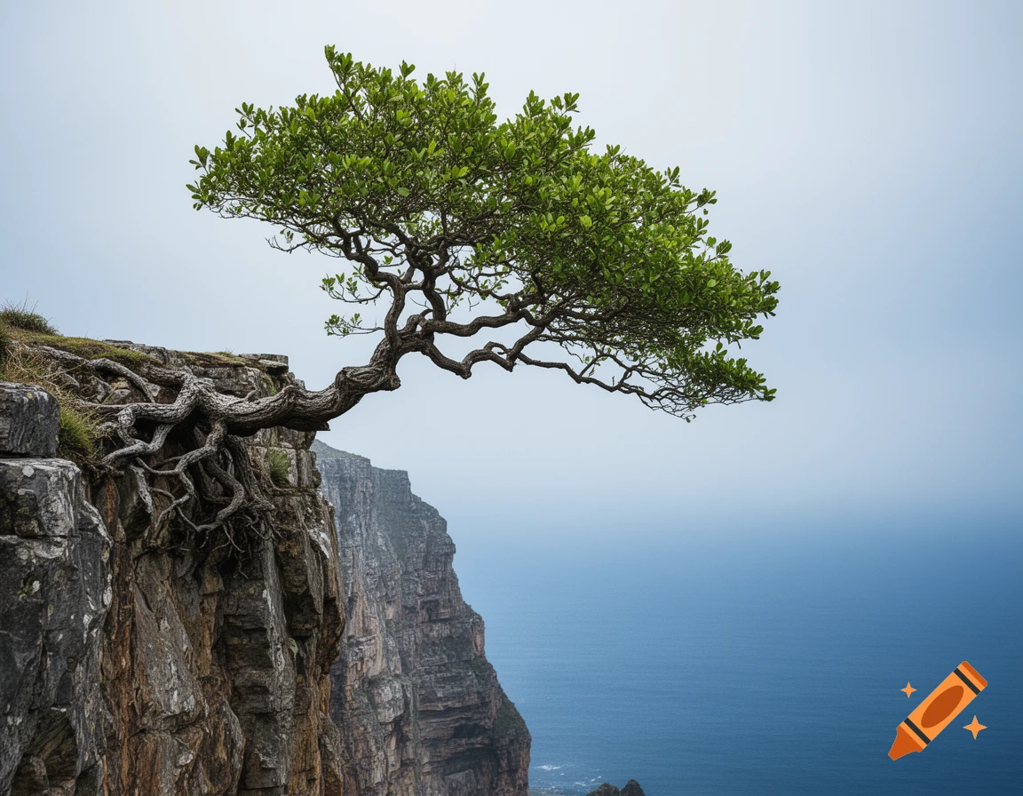 A gnarled tree with lush green leaves grows precariously on the edge of a rugged cliff overlooking a vast blue ocean.