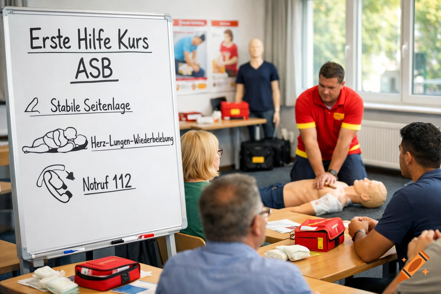 A man demonstrates CPR on a dummy in a first aid class, observed by students. A whiteboard behind him lists course topics.