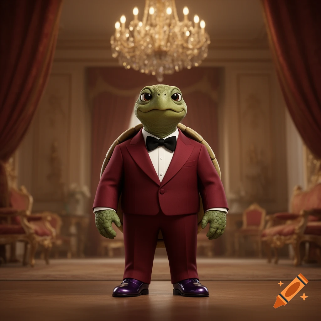 A photorealistic turtle character wearing a dark red tuxedo, black bow tie, and dark purple shoes, standing in a grand ballroom.