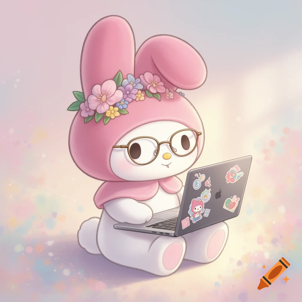 My Melody, a pink and white bunny character, wears glasses and uses a laptop adorned with stickers, set against a soft, colorful background.