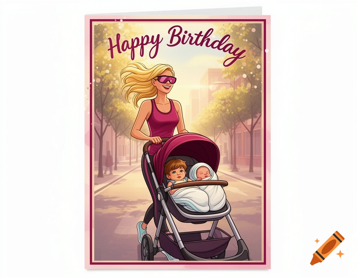 Cartoon birthday card with a blonde woman in sunglasses pushing a stroller with two babies on a sunny street.